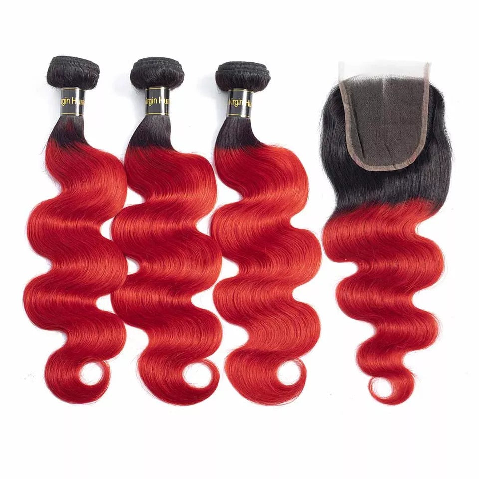 8A 300g/3bundles Unprocessed Brazillian  ombre Red  human hair bundles with 4x4 lace closure