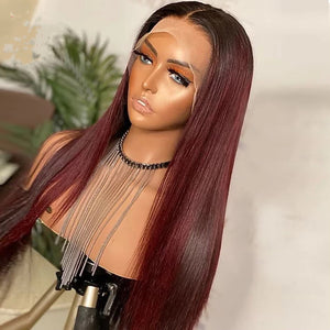 8A 180 Density Unprocessed Brazilian 1b/burgundy straight 13x4 lace human hair wig