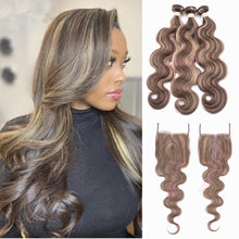 Load image into Gallery viewer, 8A 300g/3bundles Unprocessed Brazillian highlight human hair bundles with 4x4 lace closure
