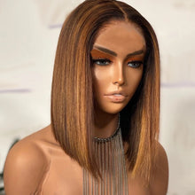 Load image into Gallery viewer, 8A 150 density unprocessed Brazilian brown highlight straight bob lace front human hair wig
