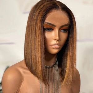 8A 150 density unprocessed Brazilian brown highlight straight bob lace front human hair wig