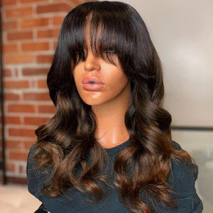8A 180 Density unprocessed Brazilian ombre body wave human hair wig with bangs