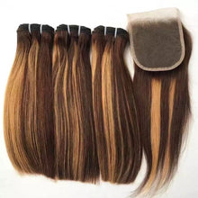 Load image into Gallery viewer, 10A 300grams/3bundles unprocessed Vietnamese  double drawn ombre blonde brown highlight  human hair bundles with closure 10inch
