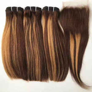 10A 300grams/3bundles unprocessed Vietnamese  double drawn ombre blonde brown highlight  human hair bundles with closure 10inch