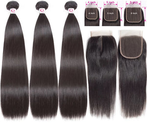 8A 300g/3 bundles unprocessed Brazillian silky straight human hair bundles with 5x5 lace closure