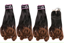 Load image into Gallery viewer, 8A 300g3bundles unprocessed Funmi hair ombre brown bouncy curly human hair with closure
