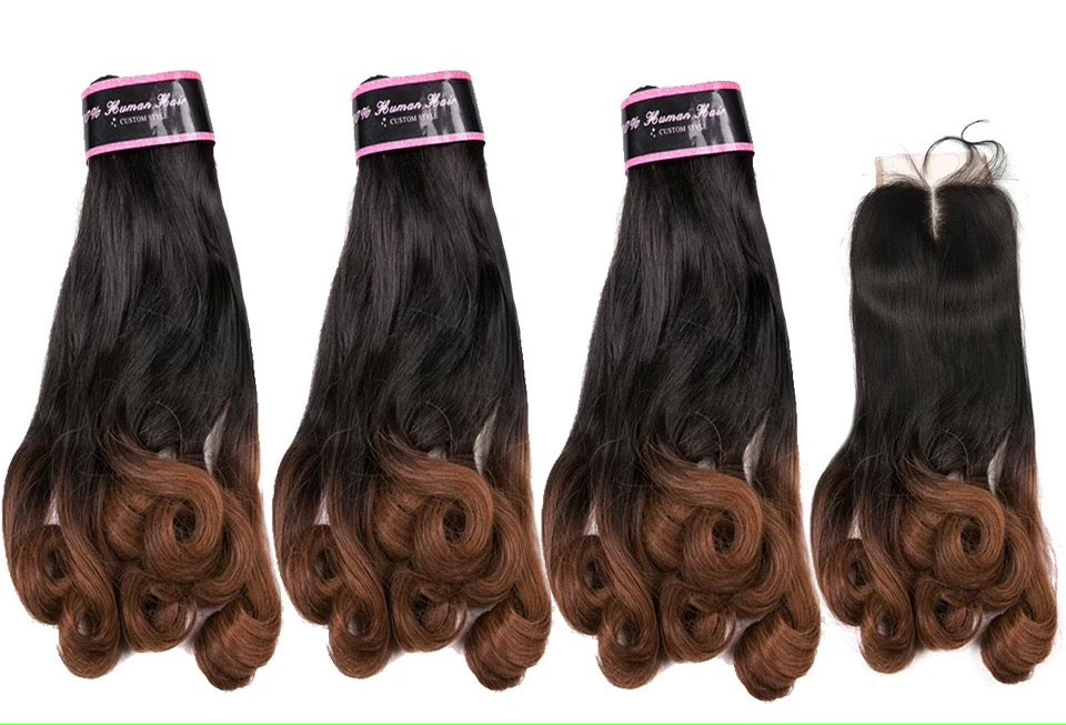8A 300g3bundles unprocessed Funmi hair ombre brown bouncy curly human hair with closure