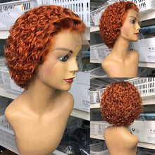 Load image into Gallery viewer, 8A 150 density Unprocessed Brazillian ginger orange pixie short curly human hair wig
