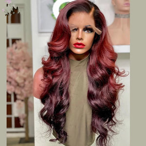 8A 250 Density Unprocessed Brazillian Burgundy highlight bodywave human hair wig