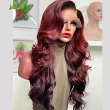 Load image into Gallery viewer, 8A 250 Density Unprocessed Brazillian Burgundy highlight bodywave human hair wig
